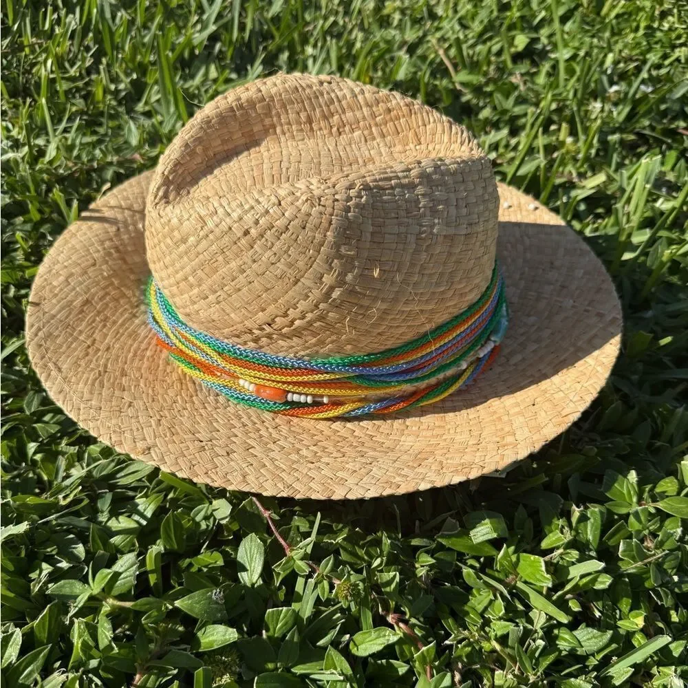 Beaded Straw Hat with Colorful Accents - BRAND NEW - Hand Beaded Summer Hat